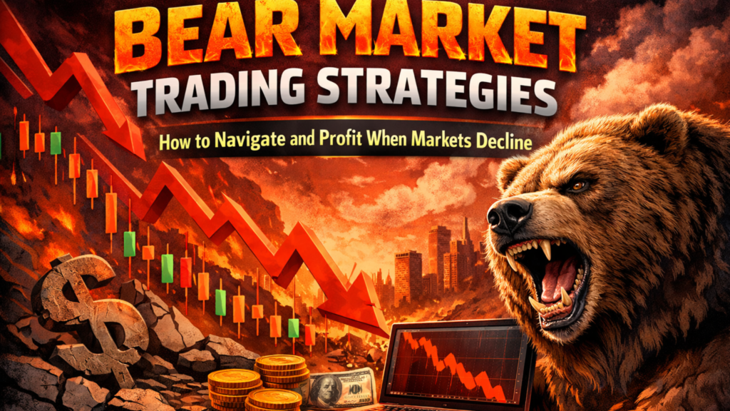 Bear market trading strategies illustrated with a falling stock chart, red arrows, and a bear symbolizing market decline